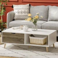 HOMCOM Coffee Table, Modern Tea Table with Open Storage Shelves, Two Drawers and Solid Wood Legs, Coffee Tables for Living Room, Bed Room, White(m-10)