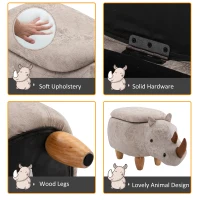 HOMCOM Rhino Storage Stool Cute Decoration Footrest Wood Frame Legs w/ Padding Lid Ottoman Animal Furniture Grey 36x70cm(m-5)