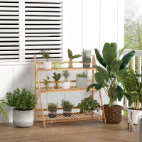 Outsunny 3-Tier Plant Stand, Plant Shelf Rack, Folding Bamboo Display Stand, 98x37x96.5cm, Natural(m-2)