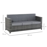 Outsunny Poly-rotan bank met kussens 3-zits loungebank tuin metaal polyester grijs(m-3)