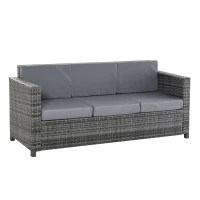 Outsunny Poly-rotan bank met kussens 3-zits loungebank tuin metaal polyester grijs(m-1)
