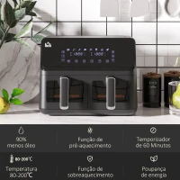 HOMCOM Fritadeira sem Óleo Dupla 8L 2500W com 8 Programas Ecrã LED Tátil Temperatura Ajustável 80-200°C Temporizador e Cesta Antiaderente 38,5x38x30,5 cm Preto(m-6)