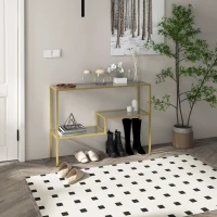 HOMCOM Consola aurie, Masuta de cafea din sticla temperata 100 cm, Masa pentru hol cu rafturi de depozitare, Cadru din otel pentru sufragerie, Hol(m-2)