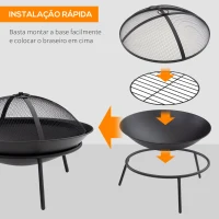 Outsunny Braseiro de Exterior de Metal com Tampa Protetora de Faíscas e Atiçador para Varanda Campismo Ar Livre Ø47x33 cm Preto(m-7)