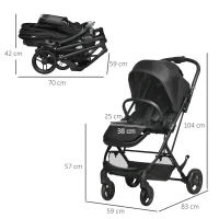 HOMCOM Silla de Paseo Ligera con Asiento Reversible y Reclinable Cochecito para Bebé de 0-36m Plegable 83x59x104cm Negro(m-3)