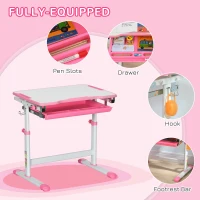 HOMCOM Kids Desk and Chair Set, Student Adjustable Writing Desk, with Drawer, Pen Slot, Hook - Pink(m-5)