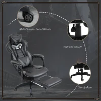 Vinsetto Computer Gaming Chair, Racing Desk Chair with Lumbar Support and Footrest, PU Leather Gamer Chair with Headrest and Swivel Wheels for Home, Grey(m-8)