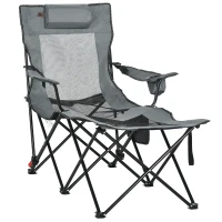 Outsunny Foldable Reclining Garden Chairs with Footrest and Adjustable Backrest, Portable Camping Chair with Headrest, Cup Holder, Side Pocketand Carry Bag for Outdoor, Grey(m-1)