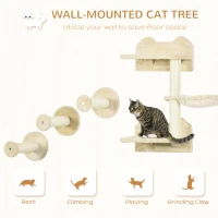 PawHut 4 Piece Cat Shelf with Scratching Post, Wall-Mounted Cat Tree for Indoor Cat - Beige(m-4)