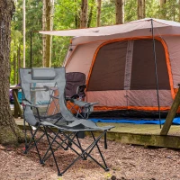 Outsunny Foldable Reclining Garden Chairs with Footrest and Adjustable Backrest, Portable Camping Chair with Headrest, Cup Holder, Side Pocketand Carry Bag for Outdoor, Grey(m-10)