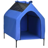 PawHut Caseta para Perros Grandes 110x76x110 cm Cama Elevada para Mascotas con Cubierta Desmontable y Ventanas de Malla Azul(m-1)