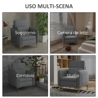 HOMCOM Poltroncina Moderna con Tessuto effetto Lino, Gambe in Acciaio e Tasche laterali, 72x72x90cm, Grigio(m-7)