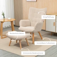HOMCOM Akzentsessel mit Hocker, Relaxsessel in Cord-Optik, Armlehnstuhl mit Holzbeinen, für Wohnzimmer, Beige(m-5)