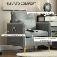 HOMCOM Poltroncina Moderna con Tessuto effetto Lino, Gambe in Acciaio e Tasche laterali, 72x72x90cm, Grigio(m-4)
