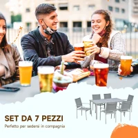 Outsunny Set da Giardino con Tavolo in Vetro Temperato e 6 Sedie con Tessuto a rete, Grigio(m-4)