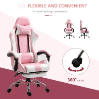 Vinsetto Pink Computer Gaming Chair, Desk Chair with 135° Reclining Back and Retractable Footrest, Adjustable PU Leather Lumbar Support and Headrest, Steel Base for Adults, Girls(m-6)