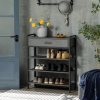 HOMCOM Schuhregal, für 12 Schuhpaare, mit 1 Schublade, 3 Regalböden, Stahlrahmen, schwarz, 80 x 30 x 95 cm(m-2)