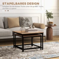 HOMCOM Set van 2 bijzettafels, industrieel design, zwart stalen frame, tafelblad met houteffect(m-4)