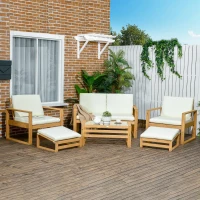 Outsunny Salon de Jardin en bois 6 pièces pour 4 personnes 2 fauteuils + 1 canapé + 1 table basse + 2 repose-pieds beige(m-2)