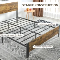 HOMCOM Bettgestell im Industrial Design, schwarzer Metallrahmen, Holzoptik, 149 x 207 x 104 cm(m-6)