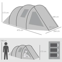 Outsunny kampeertent voor 3-4 personen, twee binnenruimtes, gaasraam, groen, 4,75 x 2,64 x 1,72 m(m-3)