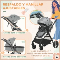 HOMCOM 2 en 1 Silla de Paseo Ligera Cochecito para Bebé de 0-36 Meses Plegable con Asiento Reversible 96x61x106 cm Gris(m-5)