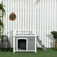 PawHut Dog House, Rooftop Terrace, Stairs, Window, Ground Clearance, Natural Wood, Light Gray, 121 x 77 x 78cm(m-5)