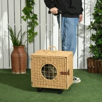 PawHut Caisse de transport pour chat avec roulettes et poignée télescopique en résine tressée effet rotin coussin inclus marron(m-2)