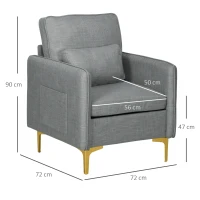 HOMCOM Poltroncina Moderna con Tessuto effetto Lino, Gambe in Acciaio e Tasche laterali, 72x72x90cm, Grigio(m-3)