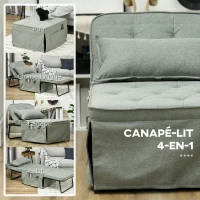HOMCOM Fauteuil chauffeuse convertible 4 en 1 dossier inclinable 5 position avec coussin 180 x 64 x 40 cm gris clair(m-4)