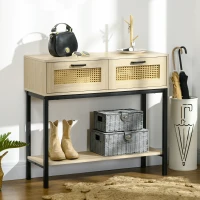 HOMCOM Mesa Consola Mueble Recibidor con 2 Cajones de Rejilla de Ratán Estante de Almacenaje Marco de Metal 90x35x82,5cm Roble(m-2)