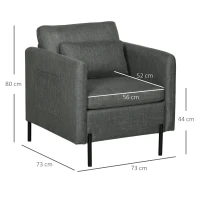 HOMCOM Poltroncina Moderna in Tessuto effetto Lino con Gambe in Acciaio e Tasche laterali, 73x73x80cm, Grigio(m-3)