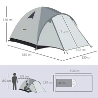 Outsunny Tente de camping 3-4 personnes imperméable fenêtres à mailles double couche portable 350 x 150 x 128 cm gris(m-3)