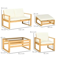 Outsunny Salon de Jardin en bois 6 pièces pour 4 personnes 2 fauteuils + 1 canapé + 1 table basse + 2 repose-pieds beige(m-3)