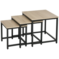 HOMCOM Set of 3 Nesting Tables, Industrial Design, Black Steel Frame, Wood-look Tabletop