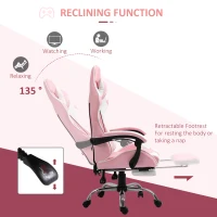 Vinsetto Pink Computer Gaming Chair, Desk Chair with 135° Reclining Back and Retractable Footrest, Adjustable PU Leather Lumbar Support and Headrest, Steel Base for Adults, Girls(m-5)