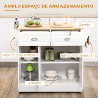 HOMCOM Carrinho de Cozinha com Rodas 2 Gavetas 3 Armários Suporte para Panos e para Temperos para Sala de Jantar 110x45x89cm Branco(m-4)