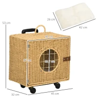 PawHut Caisse de transport pour chat avec roulettes et poignée télescopique en résine tressée effet rotin coussin inclus marron(m-3)