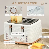 HOMCOM Kettle and Toaster Sets, 3000W 1.7L Rapid Boil Kettle & 4 Slice Toaster with 7 Browning Controls, Defrost, Reheat and Crumb Tray, Otter thermostat, Cream White(m-5)
