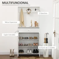 HOMCOM Mueble Zapatero con Perchero 3 Ganchos Cajón 2 Puertas y Estantes Ajustables para 12 Pares de Zapatos 80x32x180cm Blanco(m-4)