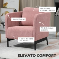 HOMCOM Poltroncina in Velluto a Coste con Gambe in Acciaio e Cuscino posteriore, 73x74x82cm, Rosa(m-4)
