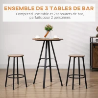 HOMCOM Ensemble table haute ronde design industriel + 2 tabourets ronds avec repose-pied en acier 2 personnes naturel noir(m-4)