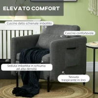 HOMCOM Poltroncina Moderna in Tessuto effetto Lino con Gambe in Acciaio e Tasche laterali, 73x73x80cm, Grigio(m-4)