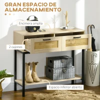 HOMCOM Mesa Consola Mueble Recibidor con 2 Cajones de Rejilla de Ratán Estante de Almacenaje Marco de Metal 90x35x82,5cm Roble(m-4)