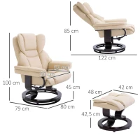 HOMCOM Fauteuil met kruk, ligfunctie, draaibaar, tot 160 kg, kunstleer, metalen frame, crème, 80 x 79 x 100 cm(m-3)