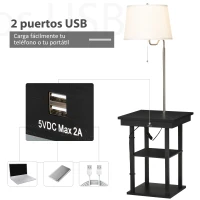HOMCOM Lámpara de Pie con Mesa Auxiliar y 2 Puertos de Carga USB Casquillo E27 Max. 40W 44,5x44,5x144,5 cm Negro y Blanco(m-5)