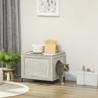 PawHut Szafka na kuwetę dla kota, kuweta z drzwiami, domek dla kota z uchwytem, jasnoszary(m-2)