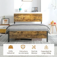 HOMCOM Cama de Matrimonio de Estilo Rústico 162x207 cm Cama Doble con Somier de Acero y Cabezal y Pie de Cama de Melamina(m-4)