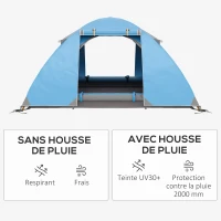 Outsunny Tente de camping 2-3 personnes dôme légère ventilée avec portes zippées sac de transport inclus 268 x 214 x 103 cm bleu(m-4)
