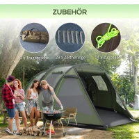 Outsunny kampeertent voor 3-4 personen, twee binnenruimtes, gaasraam, groen, 4,75 x 2,64 x 1,72 m(m-7)